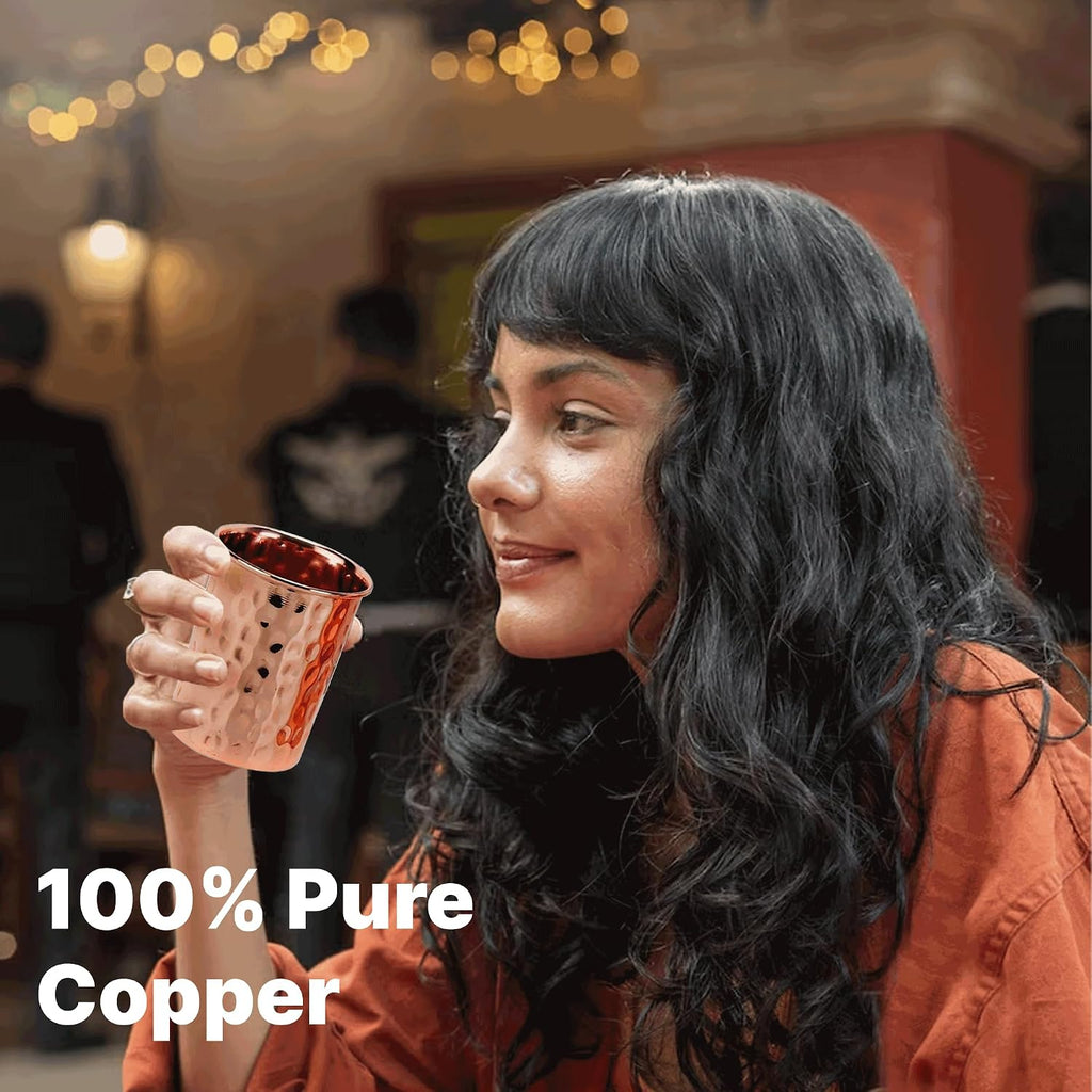 Pure Copper Tumblers for Drinking – Set of 4 Ayurvedic Copper Cups – 312 Ml (11 Fl Oz) Each – Hammered Finish – Handmade Water Glasses for Daily Health Benefits