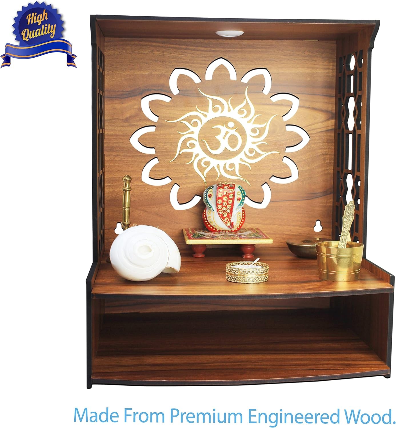 Mangal Beautiful Wooden Pooja Stand for Home Temple and Office Puja Mandir - Wall Mounted with LED Spot Light - Size (H- 15.5, L- 11.5, W-11 Inch)