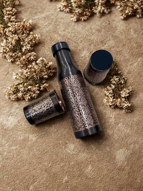 Sampurna | Antique Pure Copper Water Bottle Gift Set (Bottle + 2 Glasses) | Handcrafted Luxury Festive Packaging