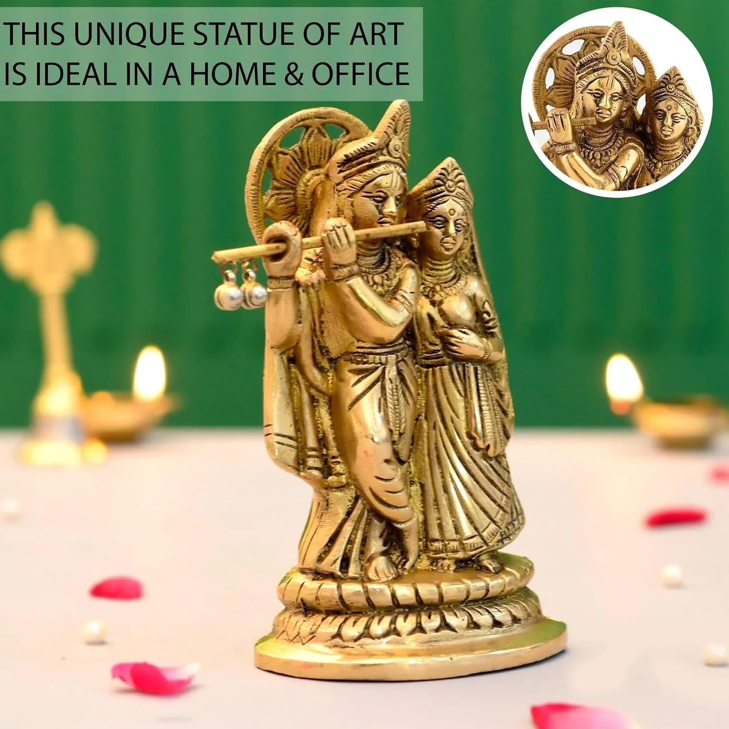Brass Radha Krishna Statue for Pooja (5.5 Inches) – Indian Spiritual Radha Kishan Deity Idol for Home Mandir Decor, Janmashtami, Housewarming & Return Gift