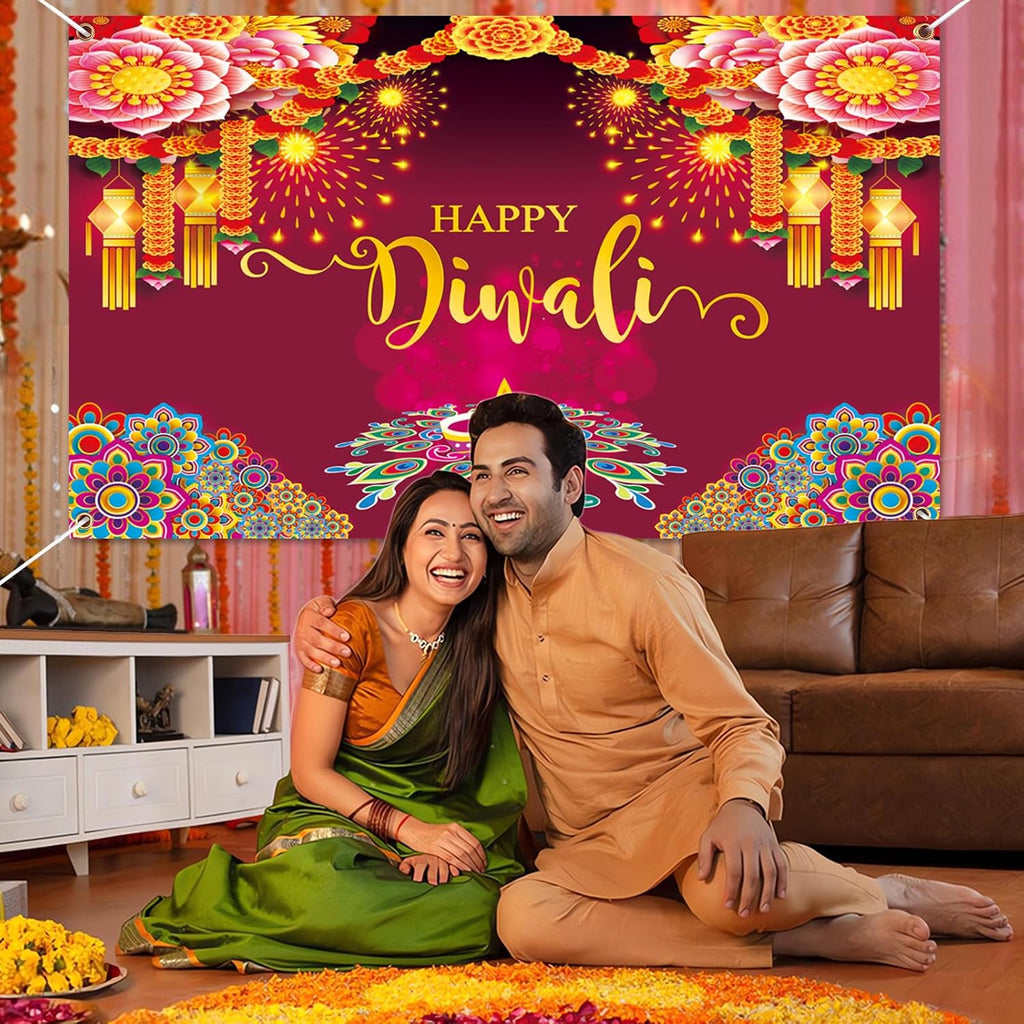 Happy Diwali Backdrop Banner Decorations, 59X35.5 Inch Indian Diwali Backdrop Decorations for Home Wall Hanging,Diwali Photo Booth Props Background Banner Diyas Decor Supplies