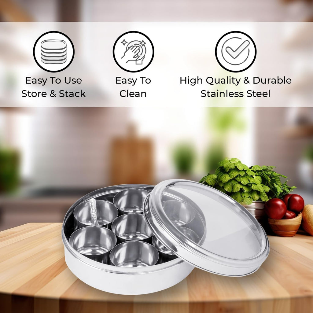 Indian Spice Box - 7 Containers, Stainless Steel Masala Dabba, Large Kitchen Spice Box