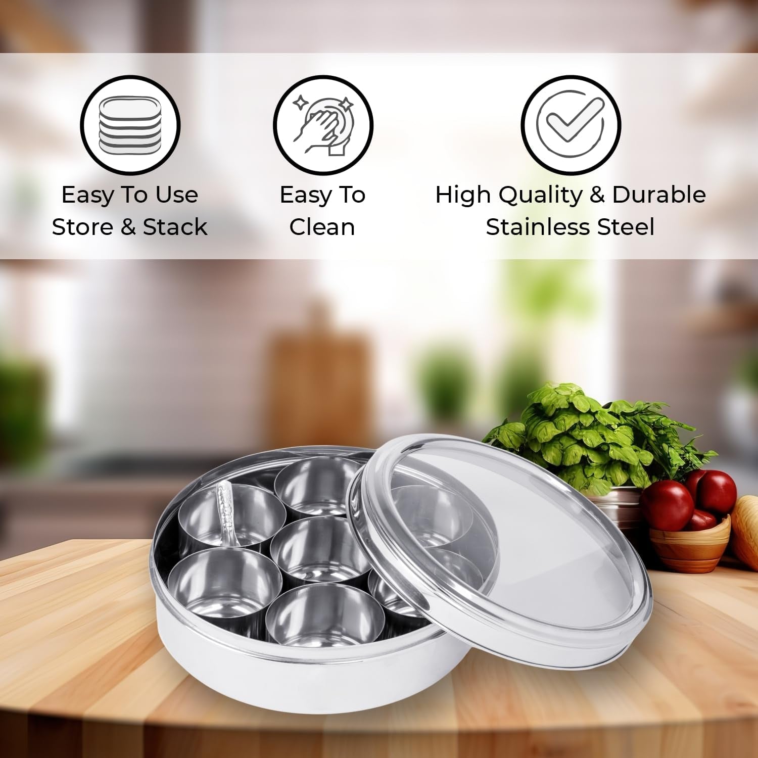 Indian Spice Box - 7 Containers, Stainless Steel Masala Dabba, Large Kitchen Spice Box