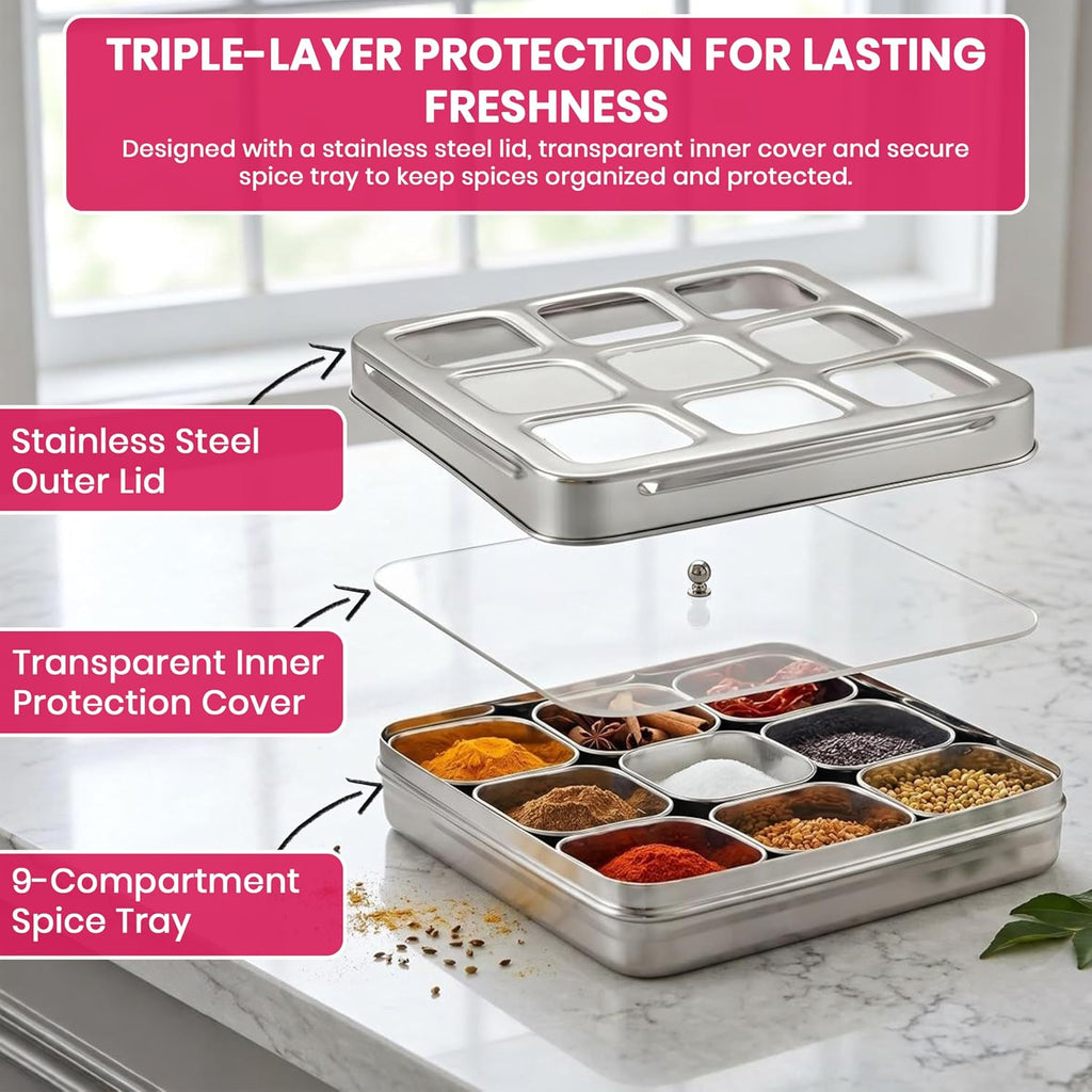 Masala Dabba (Spice Box) | Authentic Indian Style Stainless Steel Masala Dabba | with 9 Removable Compartments & 2 Spoons | See through Lid | See through Additional Inner Protection | 23.5 Cm