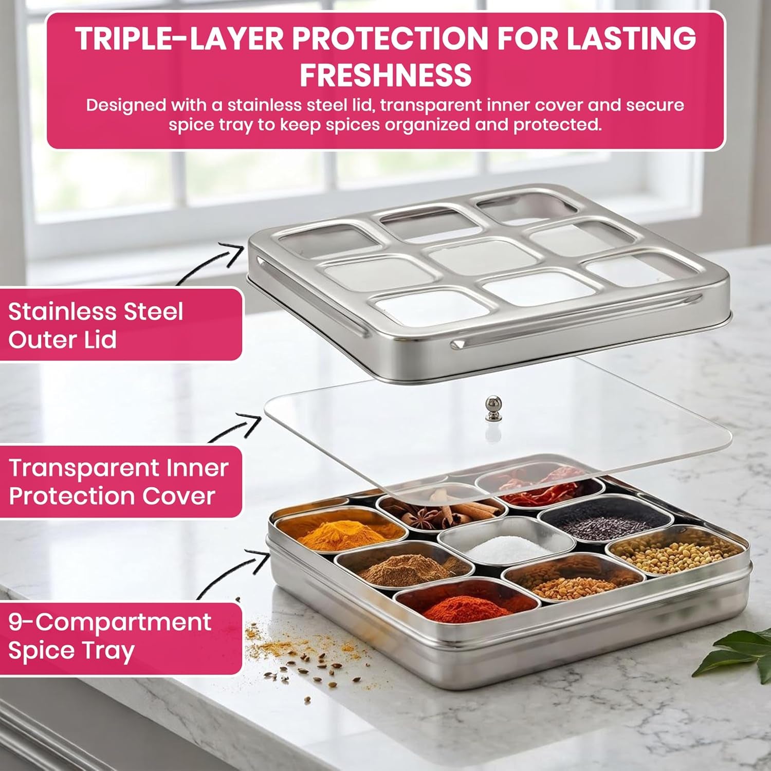 Masala Dabba (Spice Box) | Authentic Indian Style Stainless Steel Masala Dabba | with 9 Removable Compartments & 2 Spoons | See through Lid | See through Additional Inner Protection | 23.5 Cm