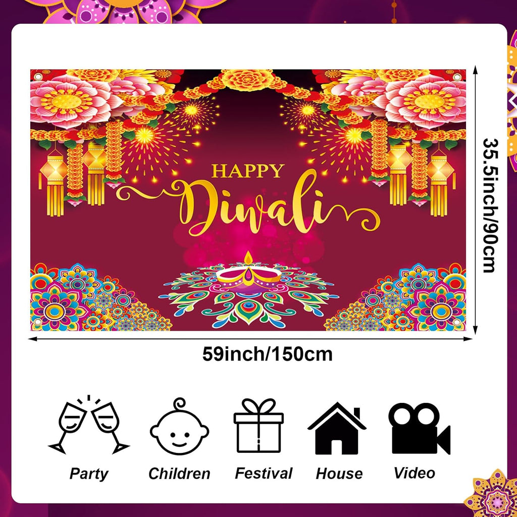 Happy Diwali Backdrop Banner Decorations, 59X35.5 Inch Indian Diwali Backdrop Decorations for Home Wall Hanging,Diwali Photo Booth Props Background Banner Diyas Decor Supplies