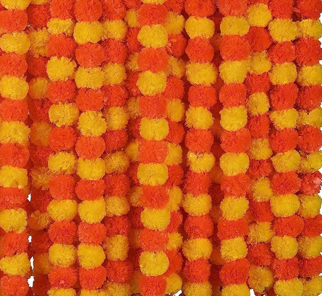 5 Pcs Yellow Dark Orange Marigold Flower Garland for Indian Wedding Decor