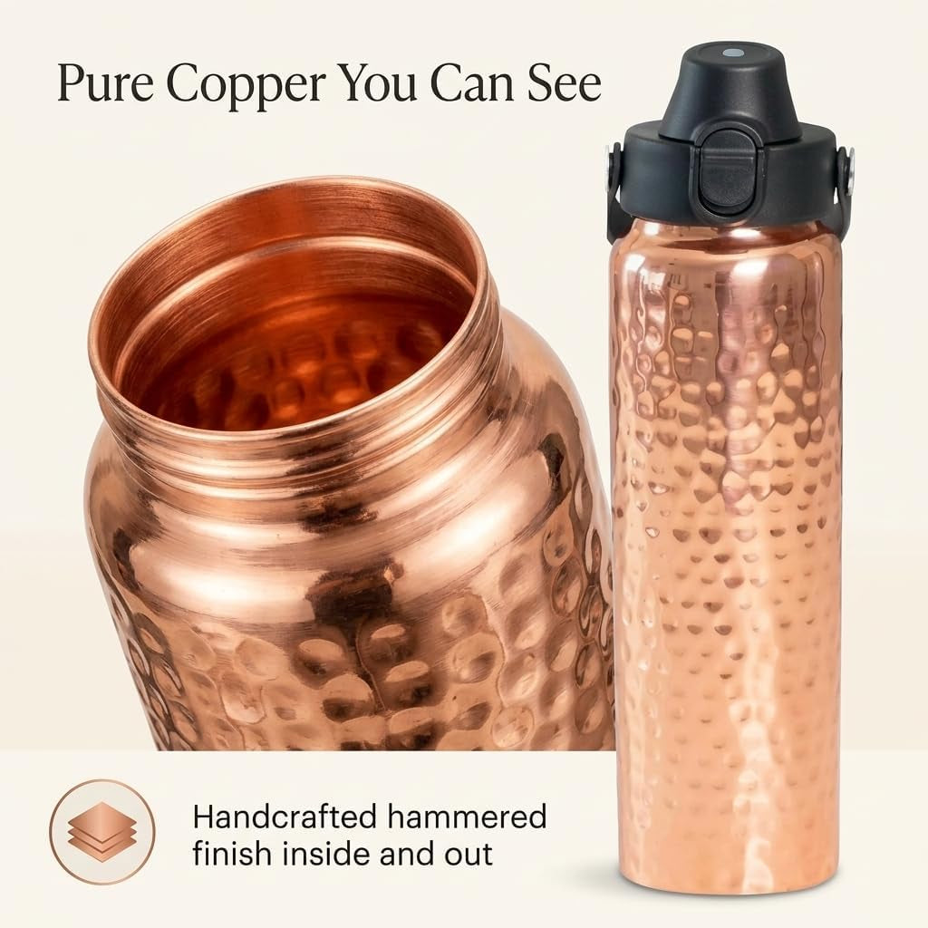 Pure Copper Water Bottle for Drinking Water – 100% Hammered Tumbler with Flip-Top Push Button Lid, Copper Straw & Insulating Sleeve – Handcrafted Ayurvedic Cup 32 Oz
