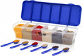 Multipurpose 6-In-1 Masala Box for Kitchen| Airtight Bpa-Free Plastic 6 Section Storage Container with 6 Spoons, 1800 Ml Transparent Pickle Box for Spices| Dry Fruits, Snacks Pack of 1 Blue