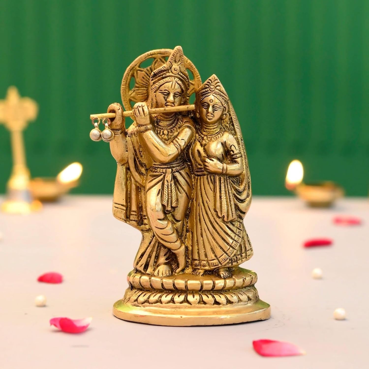 Brass Radha Krishna Statue for Pooja (5.5 Inches) – Indian Spiritual Radha Kishan Deity Idol for Home Mandir Decor, Janmashtami, Housewarming & Return Gift