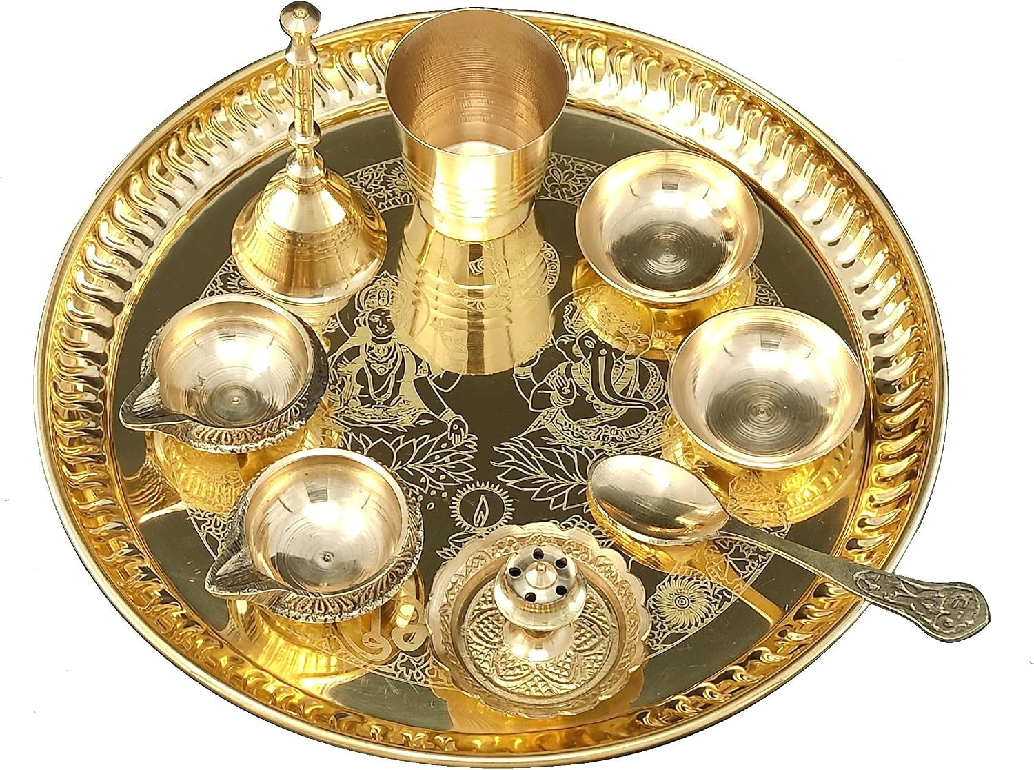Brass Pooja Thali Set 8 Inch with Pital Plate, Kuber Diya, Ghanti, Glass, Spoon, Bowl, Design Dhup Dan Daily Puja Thali for Diwali Home Mandir Office Wedding Return Gift Items