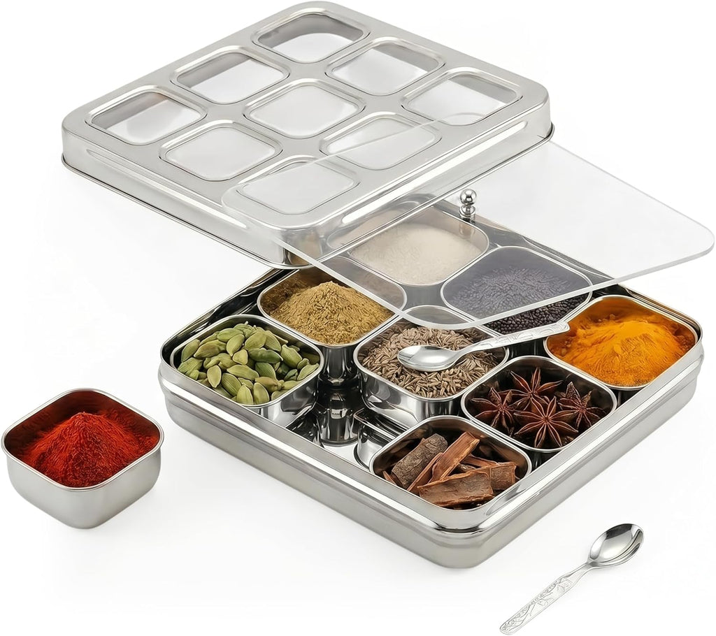 Masala Dabba (Spice Box) | Authentic Indian Style Stainless Steel Masala Dabba | with 9 Removable Compartments & 2 Spoons | See through Lid | See through Additional Inner Protection | 23.5 Cm