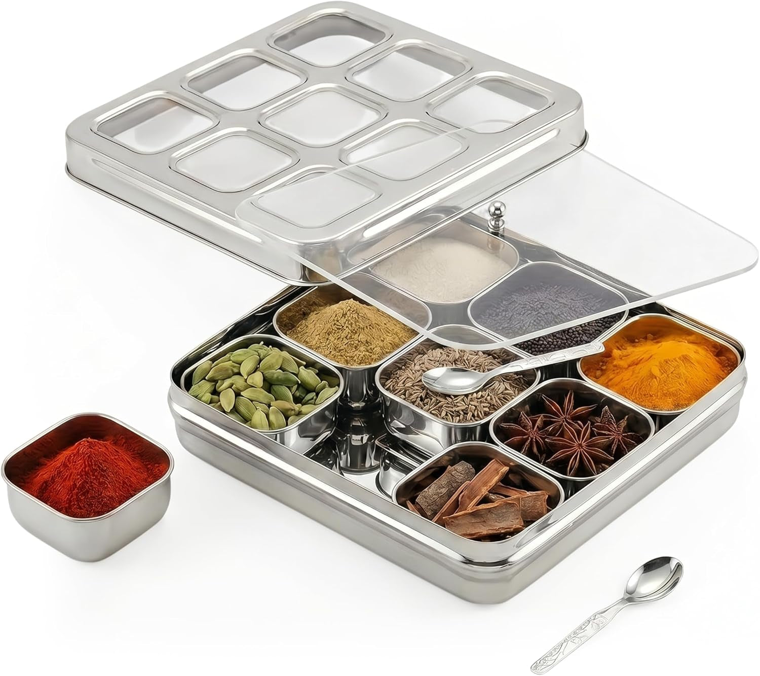 Masala Dabba (Spice Box) | Authentic Indian Style Stainless Steel Masala Dabba | with 9 Removable Compartments & 2 Spoons | See through Lid | See through Additional Inner Protection | 23.5 Cm