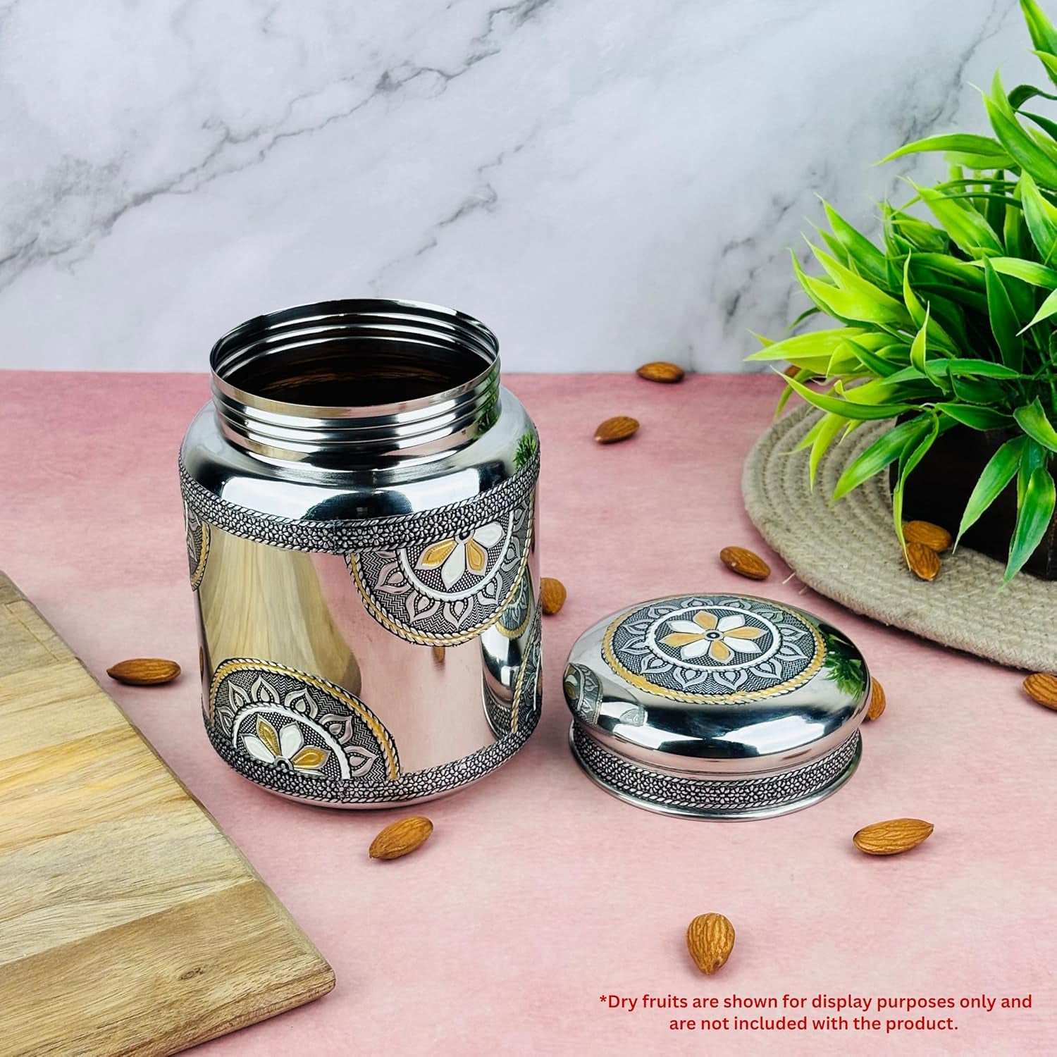 Stainless Steel Storage Jar with Lid | Oxidized Meenakari Design Container | Multipurpose Kitchen Jar for Snacks, Dry Fruits, Mukhwas & Spices | Decorative Traditional Steel Storage (1000 Ml)