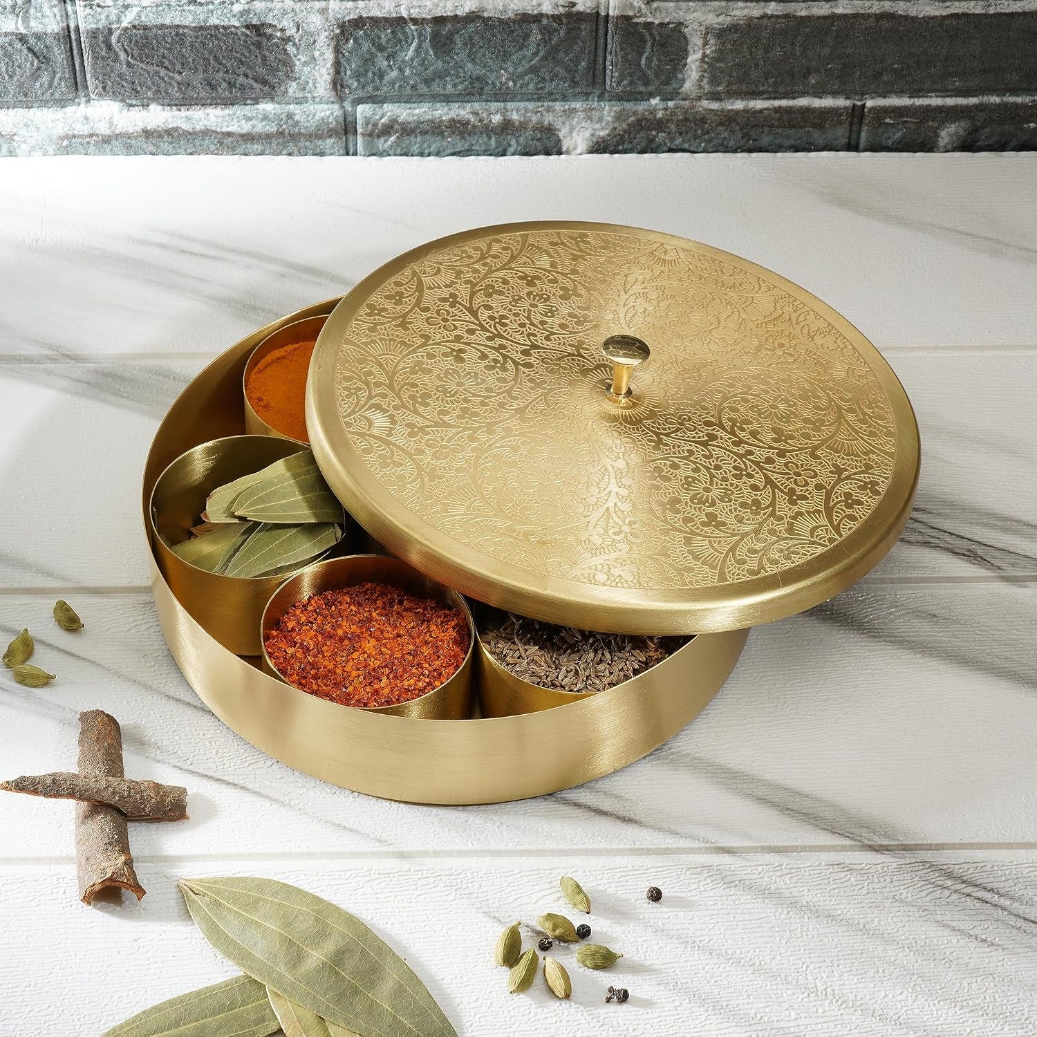 Brass Spice Box round Masala Dabba Set with Golden Embossed Lid, 7 Removable Compartments, Spice Jar Containers & Spoon, Handcrafted Decorative Indian Kitchen Storage Organizer Gift