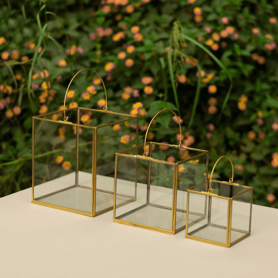Lantern-Style Glass and Iron Candle Holders for Indoor and Outdoor | Recycled Brass with Golden Finish | Available in 3 Sizes or as a Set