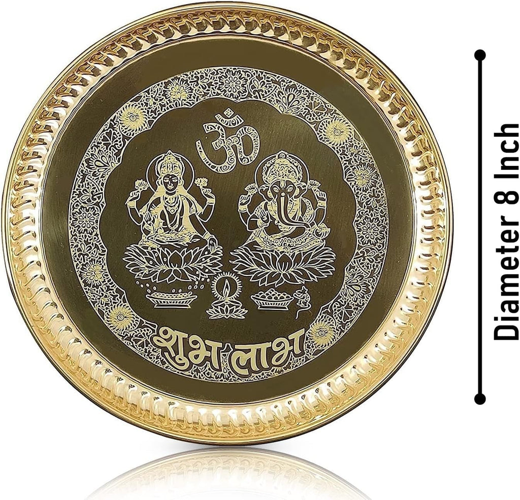 Brass Pooja Thali Set 8 Inch with Pital Plate Glass Nag Archmini Spoon Ghanti Kuber Diya Dhup Dan Bowl Puja Thali for Diwali Home Mandir Office Wedding Return Gift Items