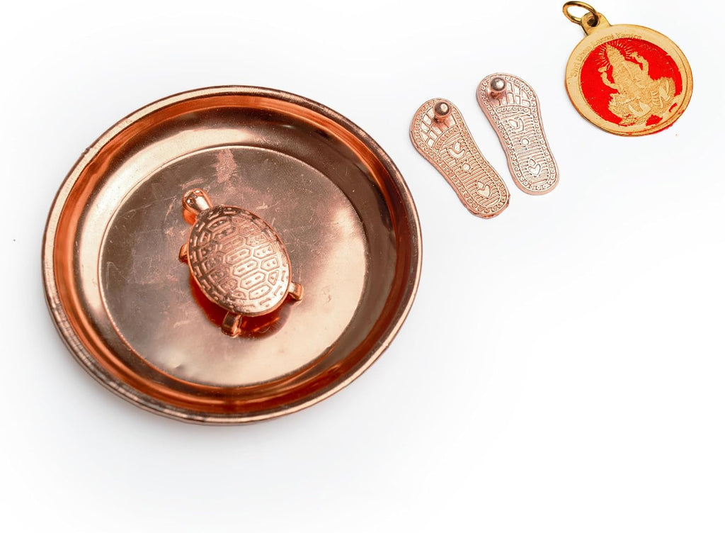 Charan Plate Set with Tortoise Lakshmi Pendant and Lakshmai Charan for Pooja Ghar Home Temple Mandir Traditional Religious Auspicious Puja Items Décor Decoration and Gifting (Lakshmi Charan Combo)