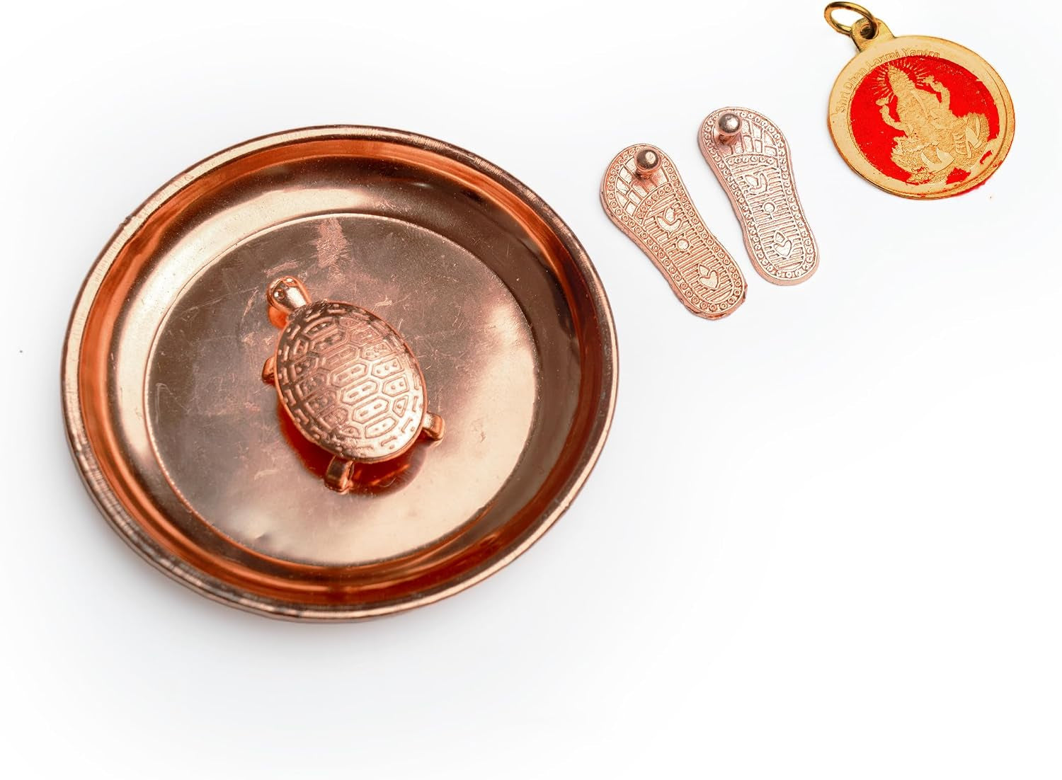 Charan Plate Set with Tortoise Lakshmi Pendant and Lakshmai Charan for Pooja Ghar Home Temple Mandir Traditional Religious Auspicious Puja Items Décor Decoration and Gifting (Lakshmi Charan Combo)