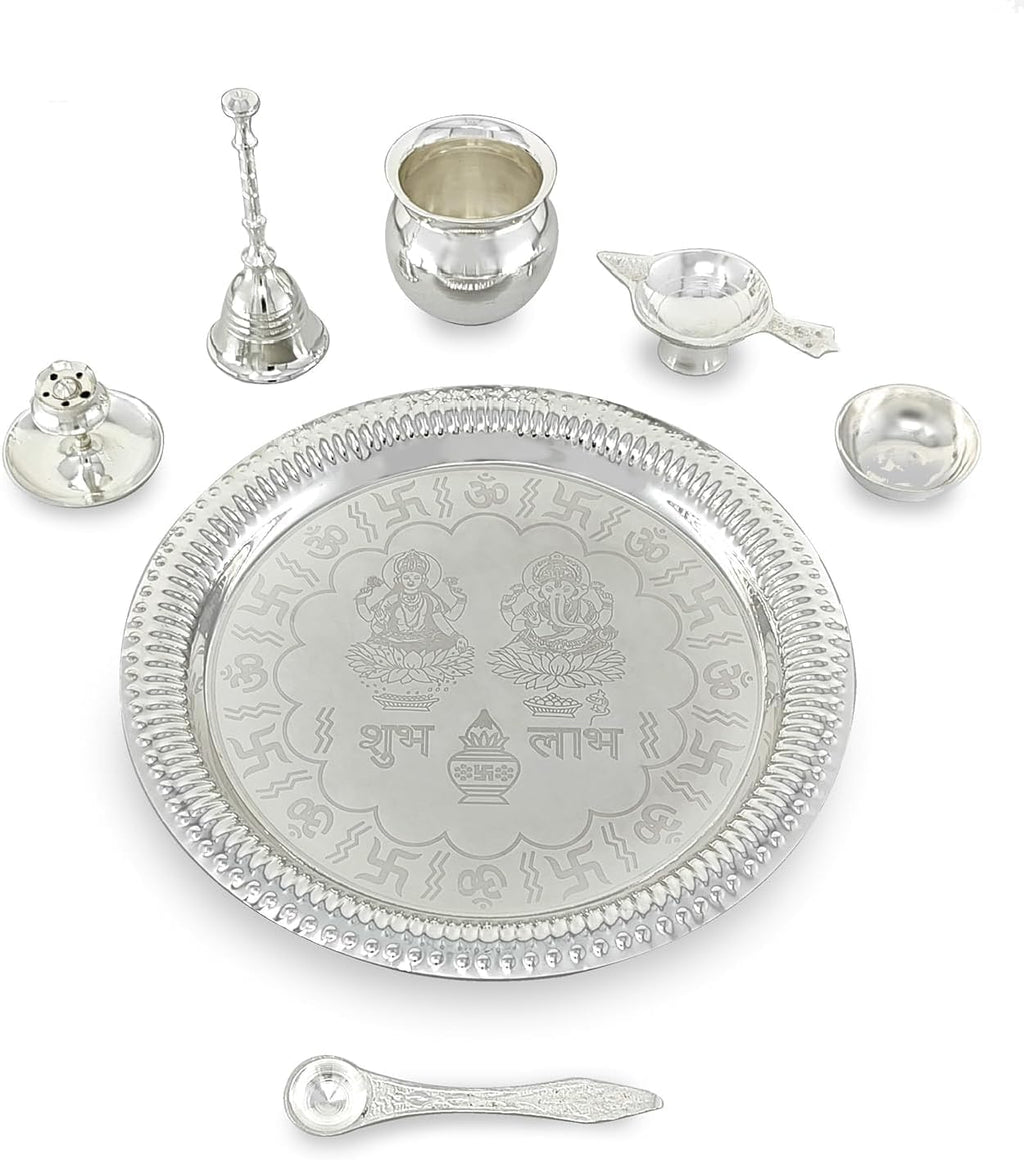 Pooja Thali Set Silver Plated with Blue Gift Box Designed Puja Plate 22 CM Bowl Ghanti Kalash Spoon Dhup Dan Diya for Home Office Diwali Wedding Return Gift Items
