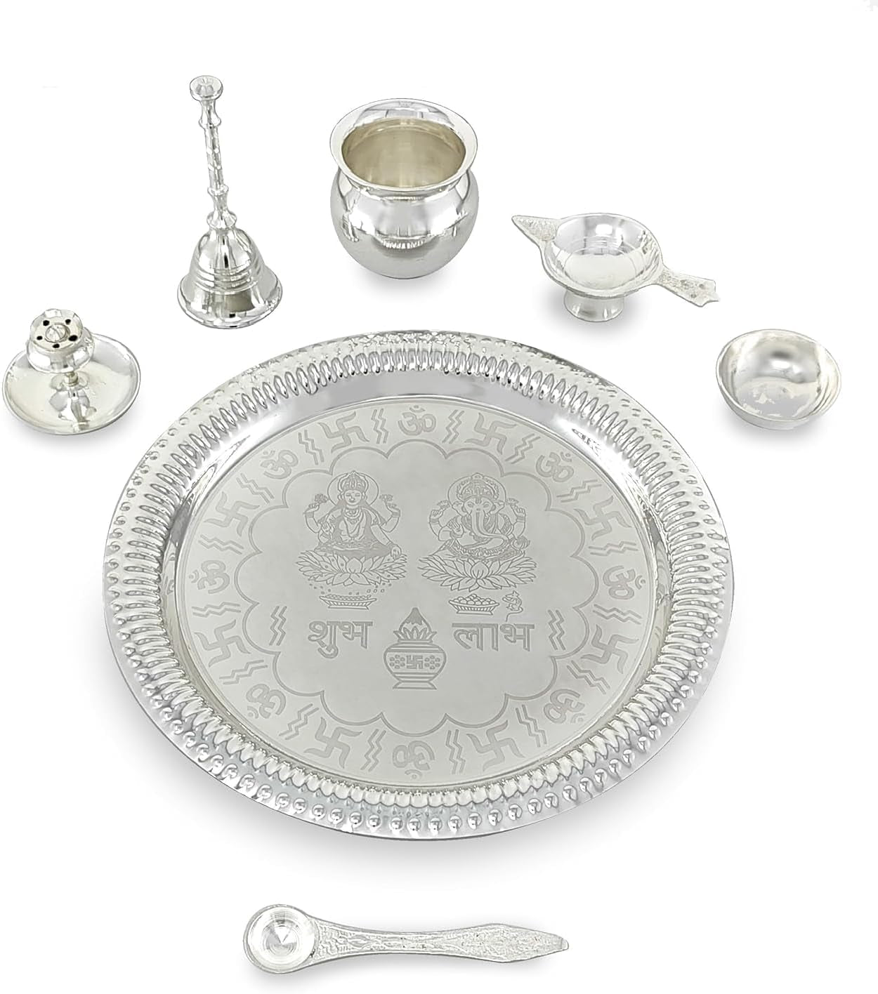 Pooja Thali Set Silver Plated with Blue Gift Box Designed Puja Plate 22 CM Bowl Ghanti Kalash Spoon Dhup Dan Diya for Home Office Diwali Wedding Return Gift Items