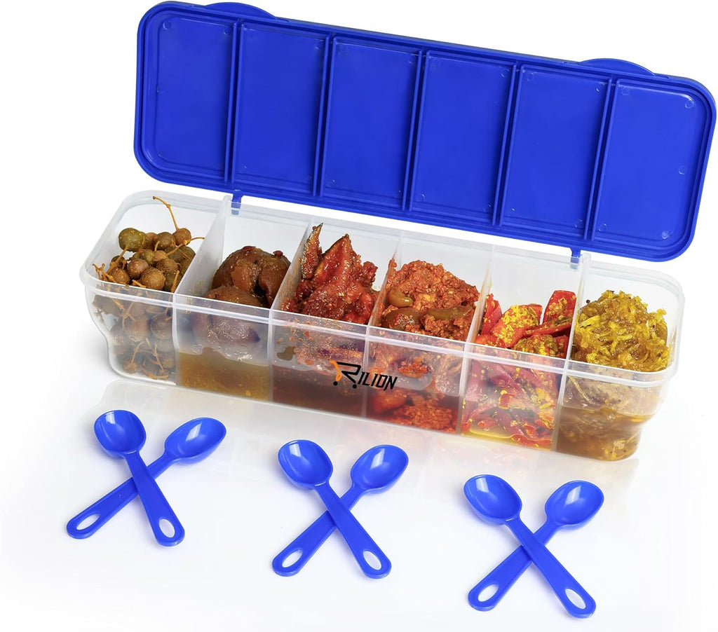 Multipurpose 6-In-1 Masala Box for Kitchen| Airtight Bpa-Free Plastic 6 Section Storage Container with 6 Spoons, 1800 Ml Transparent Pickle Box for Spices| Dry Fruits, Snacks Pack of 1 Blue