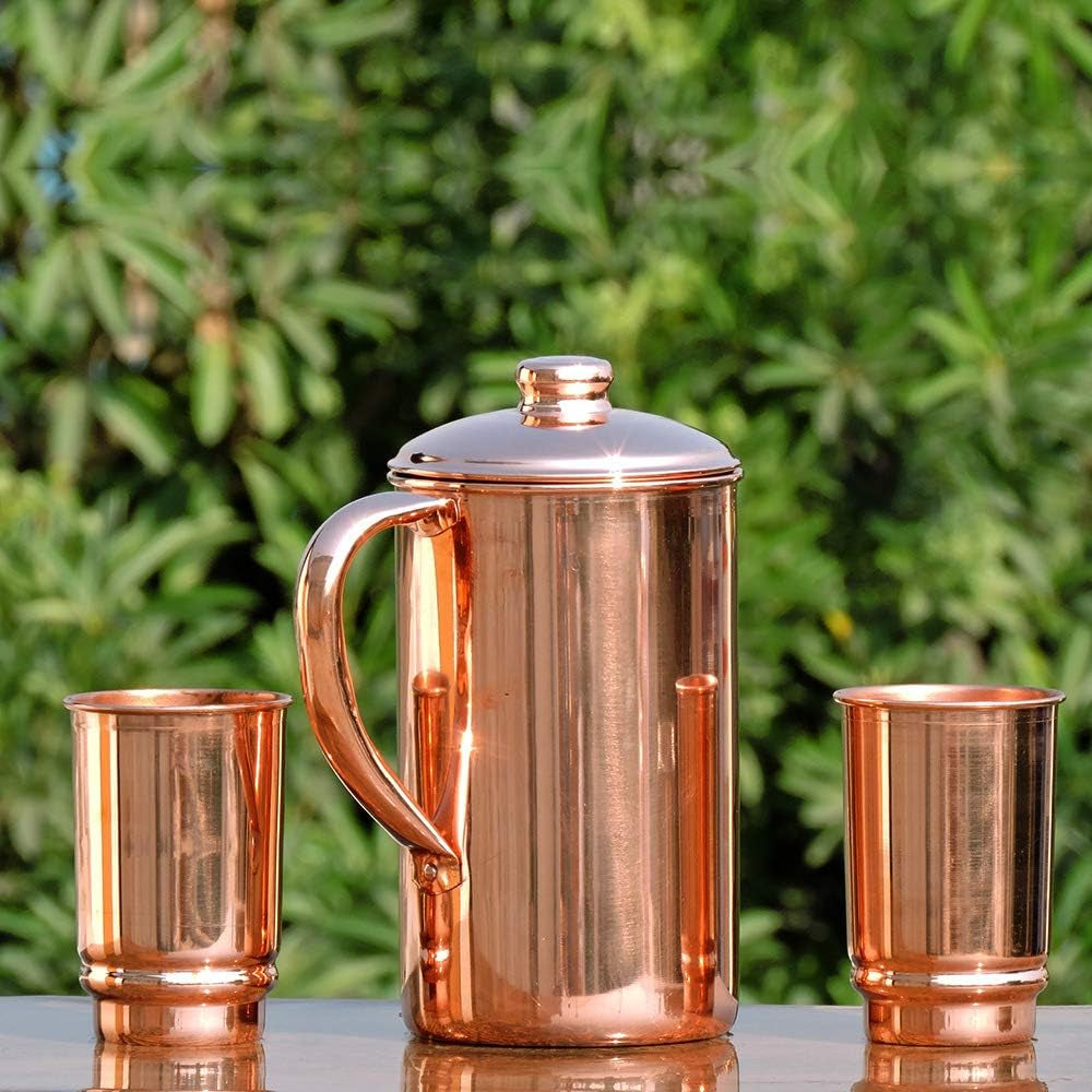 Copper Pitcher 50.72 Oz with 2 Tumblers Set | Pure Copper Water Jug & Tumblers Set for Home & Wellness, Plain Finish Handcrafted for Daily Hydration & Natural Living
