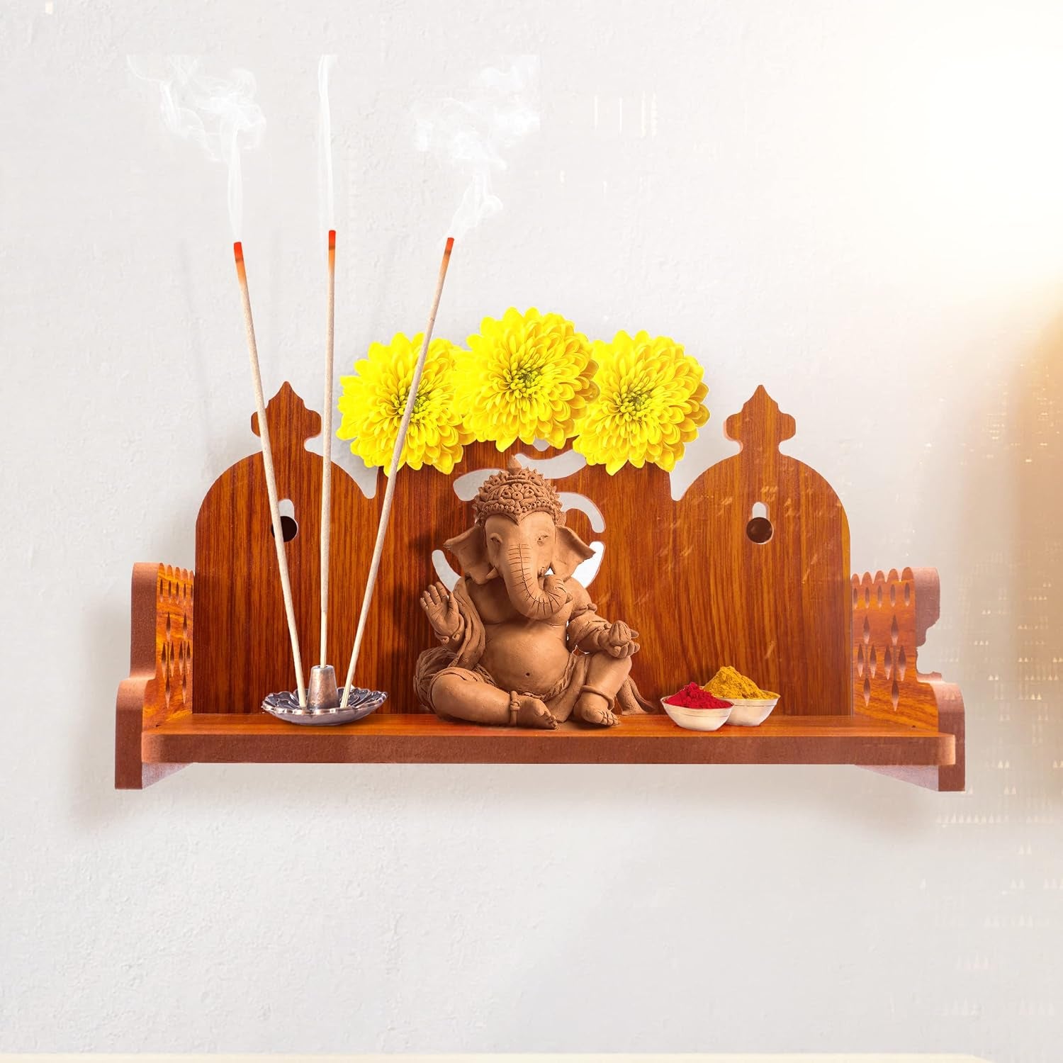 Wooden Wall Mounted Hanging Table Top Temple Pooja Mandir God Stand Shelf for Storage and Idols Decoration for Home Office and Gifting (Brown- Om Design2)