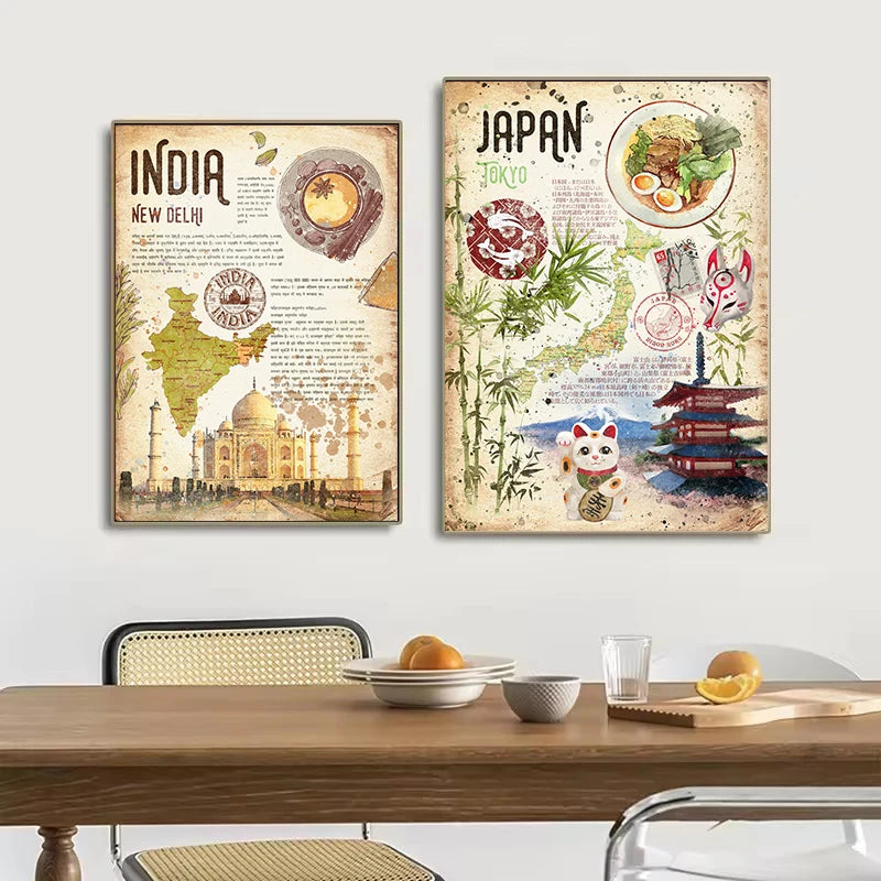 Abstract World Classic Food Travel Map Indian,Mexico,Japanese Food Poster Canvas Painting Wall Art Pictures Home Kitchen Decor