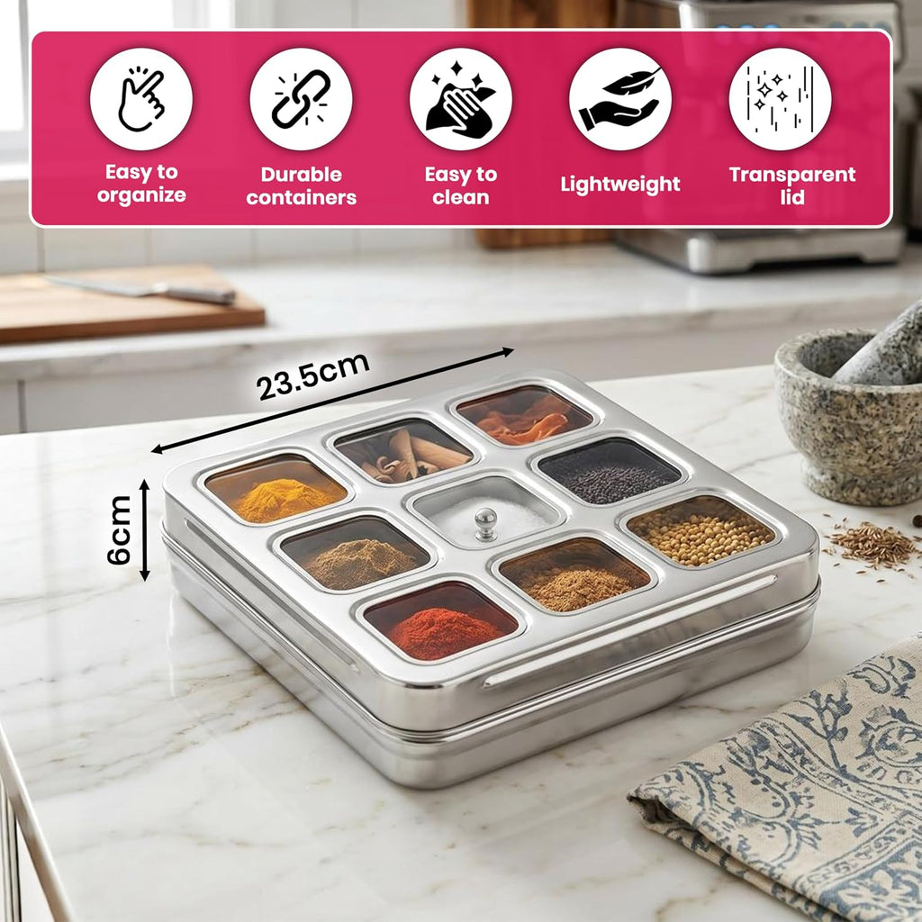 Masala Dabba (Spice Box) | Authentic Indian Style Stainless Steel Masala Dabba | with 9 Removable Compartments & 2 Spoons | See through Lid | See through Additional Inner Protection | 23.5 Cm