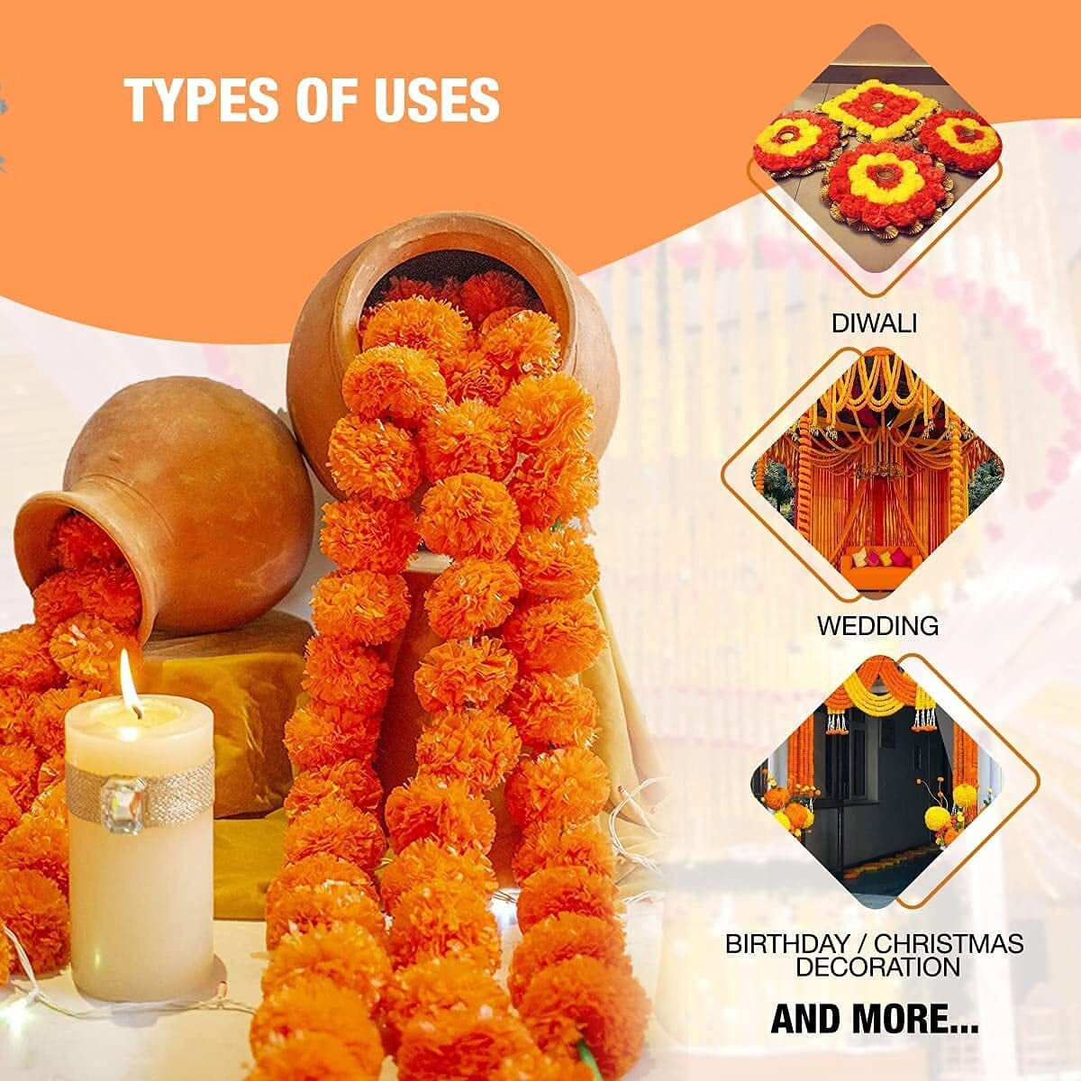 5 Pcs Yellow Dark Orange Marigold Flower Garland for Indian Wedding Decor