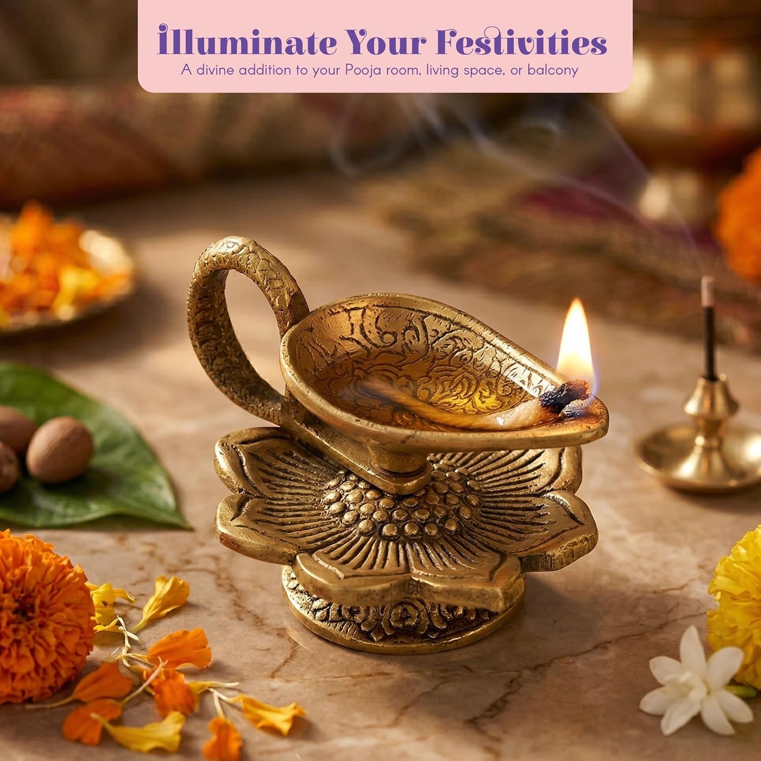 Brass Finish Lotus Diya - Lightweight Aluminum Oil Lamp for Home Pooja Room, Indian Mandir Decor, Diwali & Housewarming Return Gifts 1 Pc