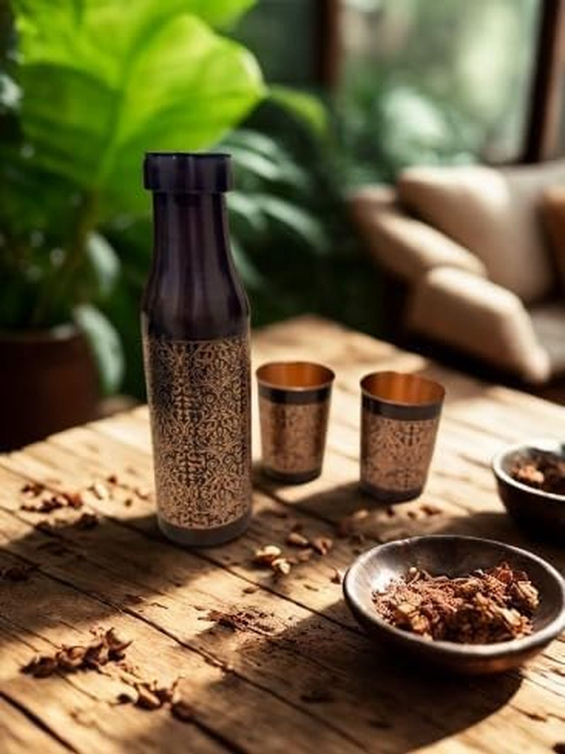 Sampurna | Antique Pure Copper Water Bottle Gift Set (Bottle + 2 Glasses) | Handcrafted Luxury Festive Packaging