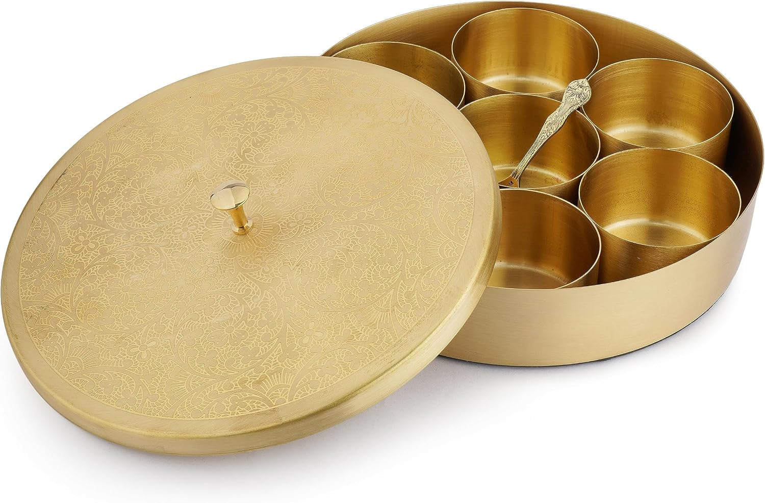 Brass Spice Box round Masala Dabba Set with Golden Embossed Lid, 7 Removable Compartments, Spice Jar Containers & Spoon, Handcrafted Decorative Indian Kitchen Storage Organizer Gift