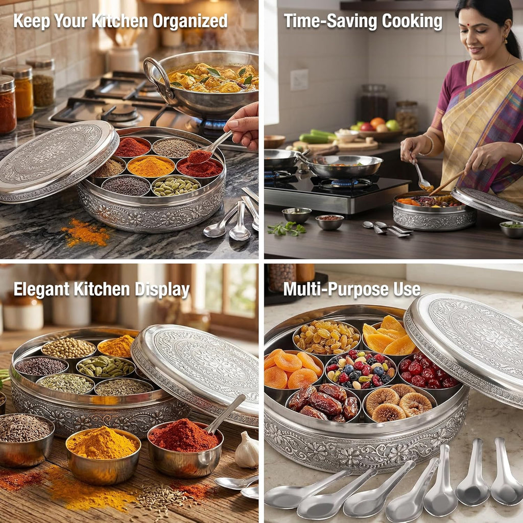 Designer Spice Container Masala Dabba, 7 Spice Jars, Holds 7 Spices, Spice Container Box, Polished Stainless Steel with 7 Serving Spoons, Indian Masala Dabba with Lid, 8 Inch