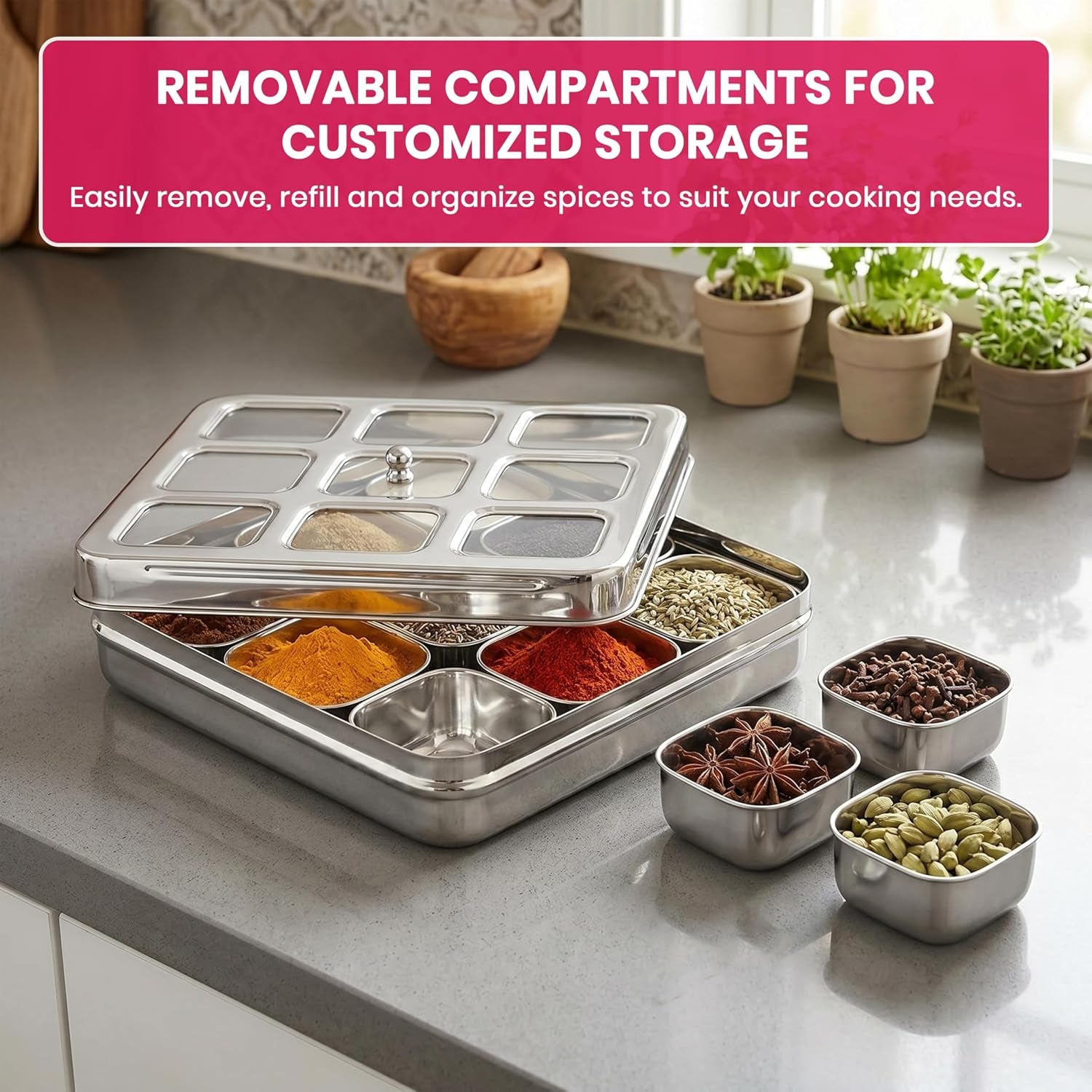 Masala Dabba (Spice Box) | Authentic Indian Style Stainless Steel Masala Dabba | with 9 Removable Compartments & 2 Spoons | See through Lid | See through Additional Inner Protection | 23.5 Cm