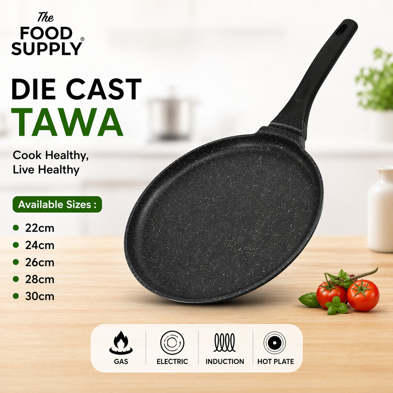TFS Die Cast Tawa Non Stick – Induction Compatible Flat Dosa Pan, Granite Stone