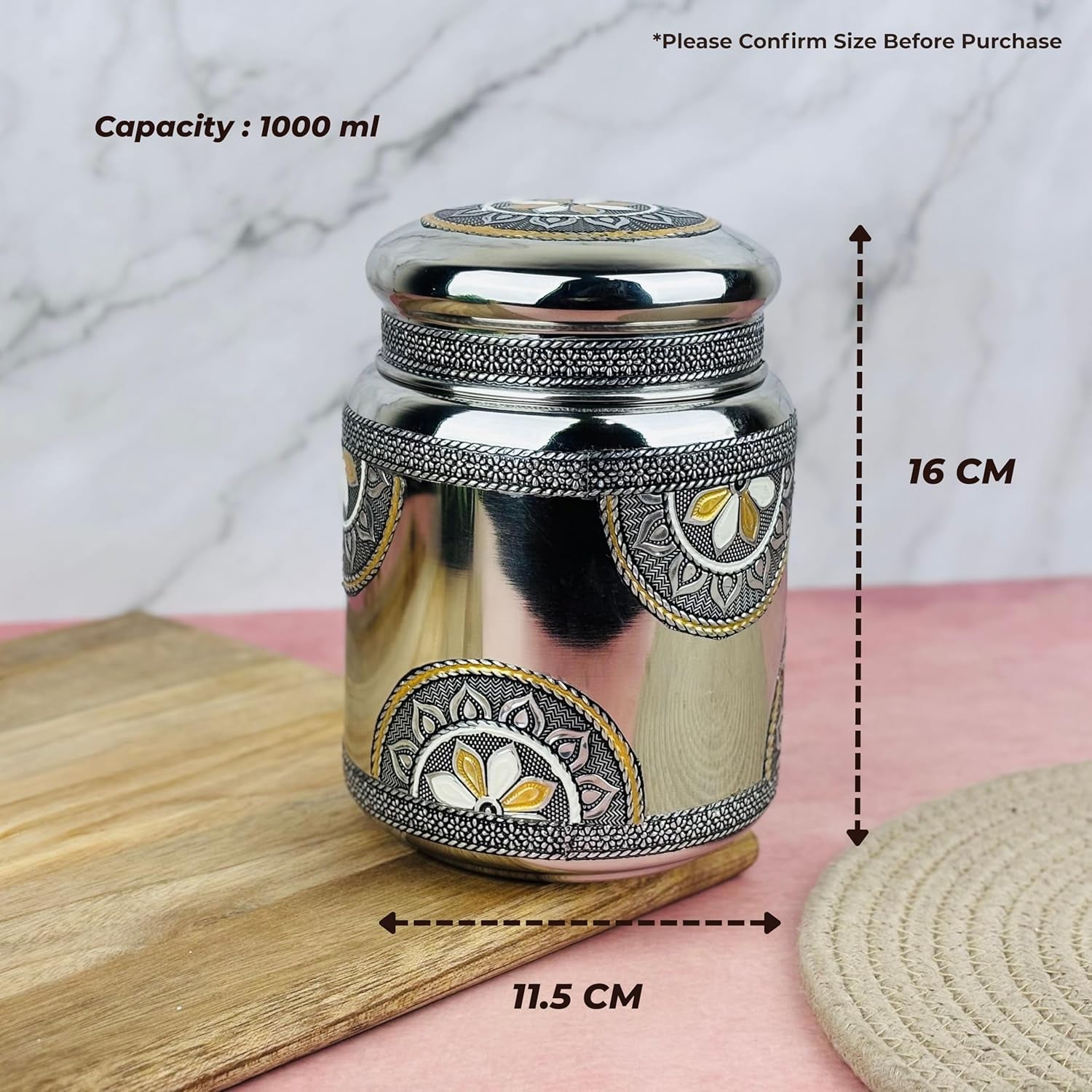 Stainless Steel Storage Jar with Lid | Oxidized Meenakari Design Container | Multipurpose Kitchen Jar for Snacks, Dry Fruits, Mukhwas & Spices | Decorative Traditional Steel Storage (1000 Ml)