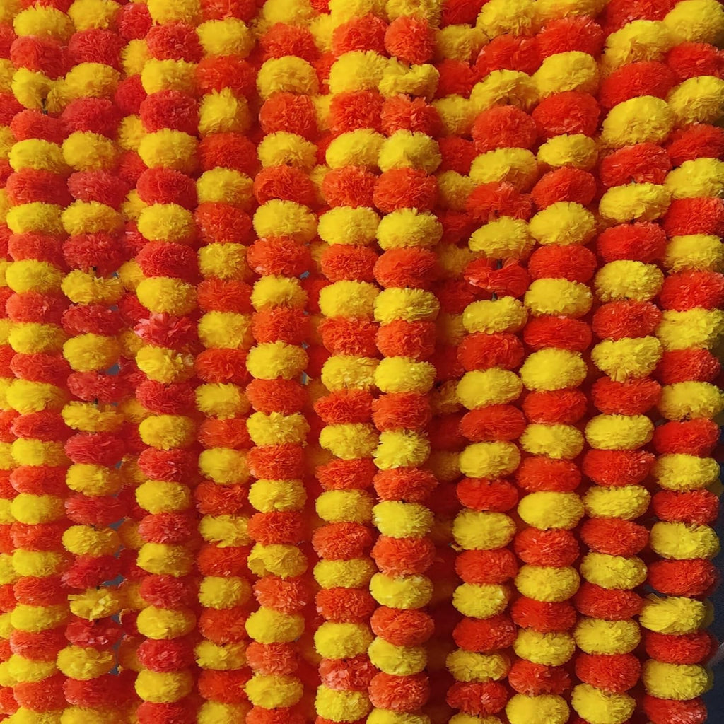 5 PC - 5 Feet Marigold Garland |Indian/American Wedding Party Mantle Decoration, Faux Garlands Wedding Garland, Diwali Decoration, Spring Bush Floral! (Yellow & Dark Orange)
