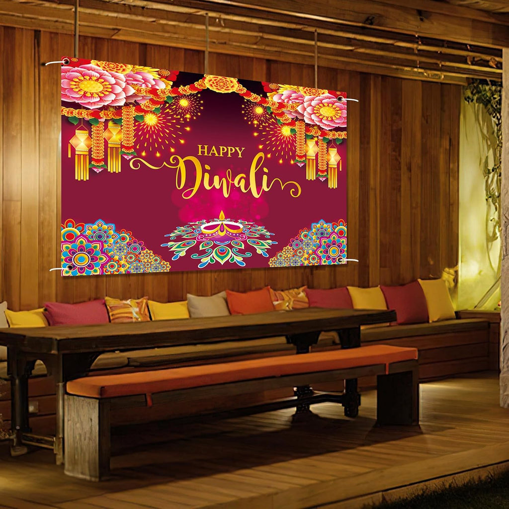 Happy Diwali Backdrop Banner Decorations, 59X35.5 Inch Indian Diwali Backdrop Decorations for Home Wall Hanging,Diwali Photo Booth Props Background Banner Diyas Decor Supplies