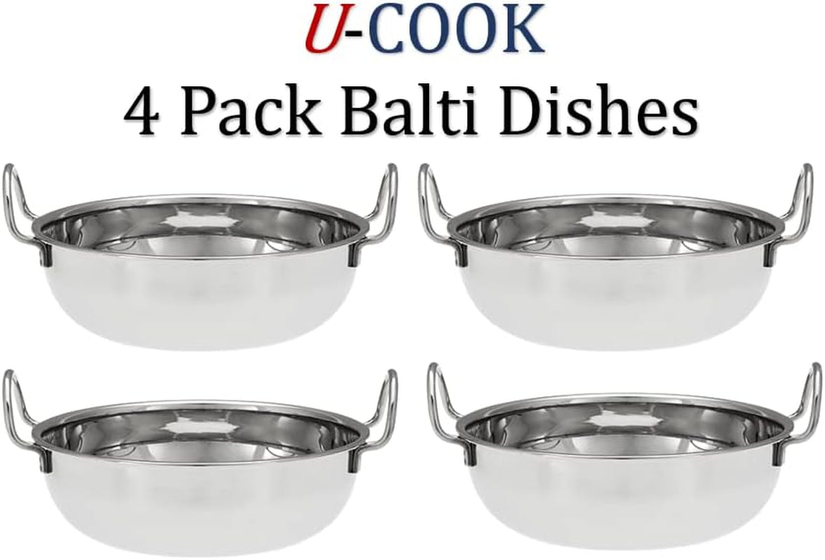 Balti Dish Set of 4. Stainless Steel 13Cm, Curry Bowel and Indian Cuisine Dishes. Multipurpose Indian Serving Karahi Restaurant Style Food Cooking and Serving Handled Dishes. (13Cm X 4 Pack)