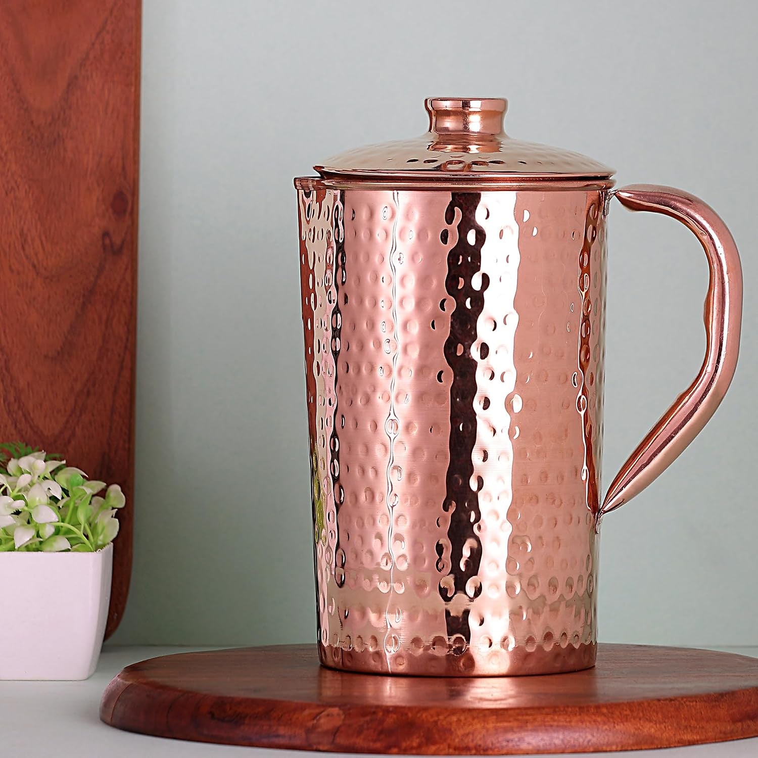 Copper Pitcher with Lid 100% Pure Copper Hammered Water Pitcher 50.7 Oz (1.5 Liter) for Drinking Water, Traditional Copper Pitcher for Home & Kitchen