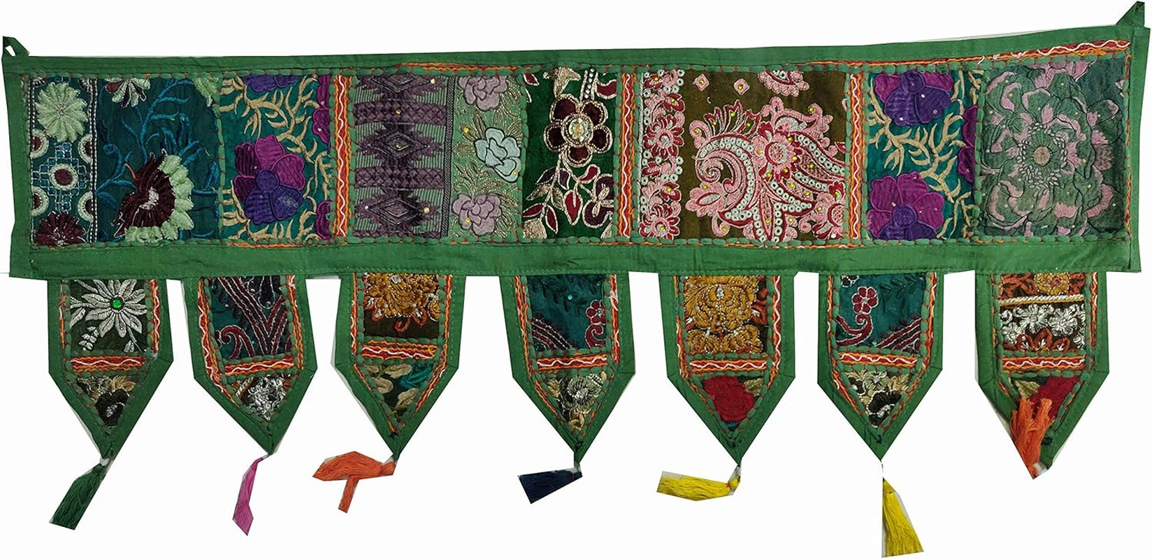 ICC Valances for Windows Toran Cotton Vintage Patchwork Door Hanging Valance Window Hand Embroidered Bohemian Decor Living Room Wall Bedroom Home Handmade Decorations Dark Green 40 Inches