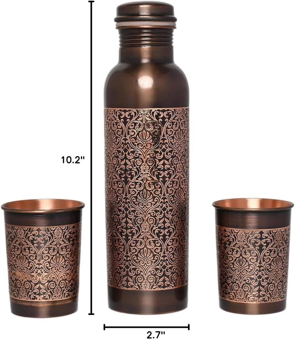 Pure Copper Water Bottle with 2 Tumblers Set, Beautiful Floral Pattern for Ayurveda Health Benefits