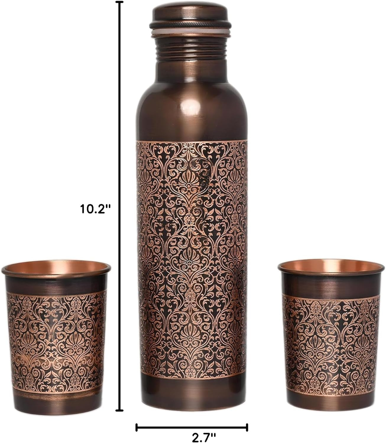 Pure Copper Water Bottle with 2 Tumblers Set, Beautiful Floral Pattern for Ayurveda Health Benefits