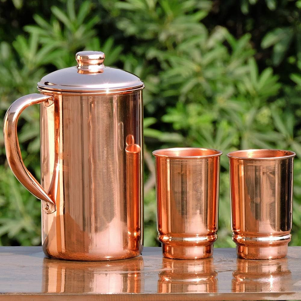 Copper Pitcher 50.72 Oz with 2 Tumblers Set | Pure Copper Water Jug & Tumblers Set for Home & Wellness, Plain Finish Handcrafted for Daily Hydration & Natural Living