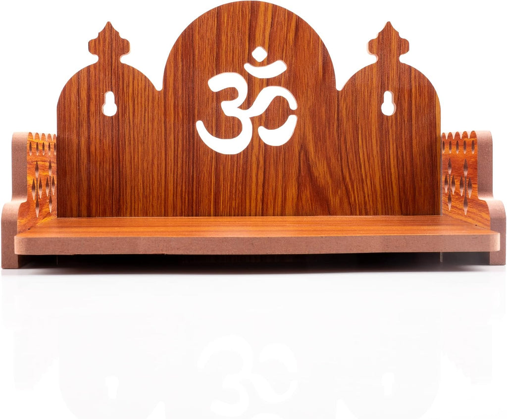 Wooden Wall Mounted Hanging Table Top Temple Pooja Mandir God Stand Shelf for Storage and Idols Decoration for Home Office and Gifting (Brown- Om Design2)