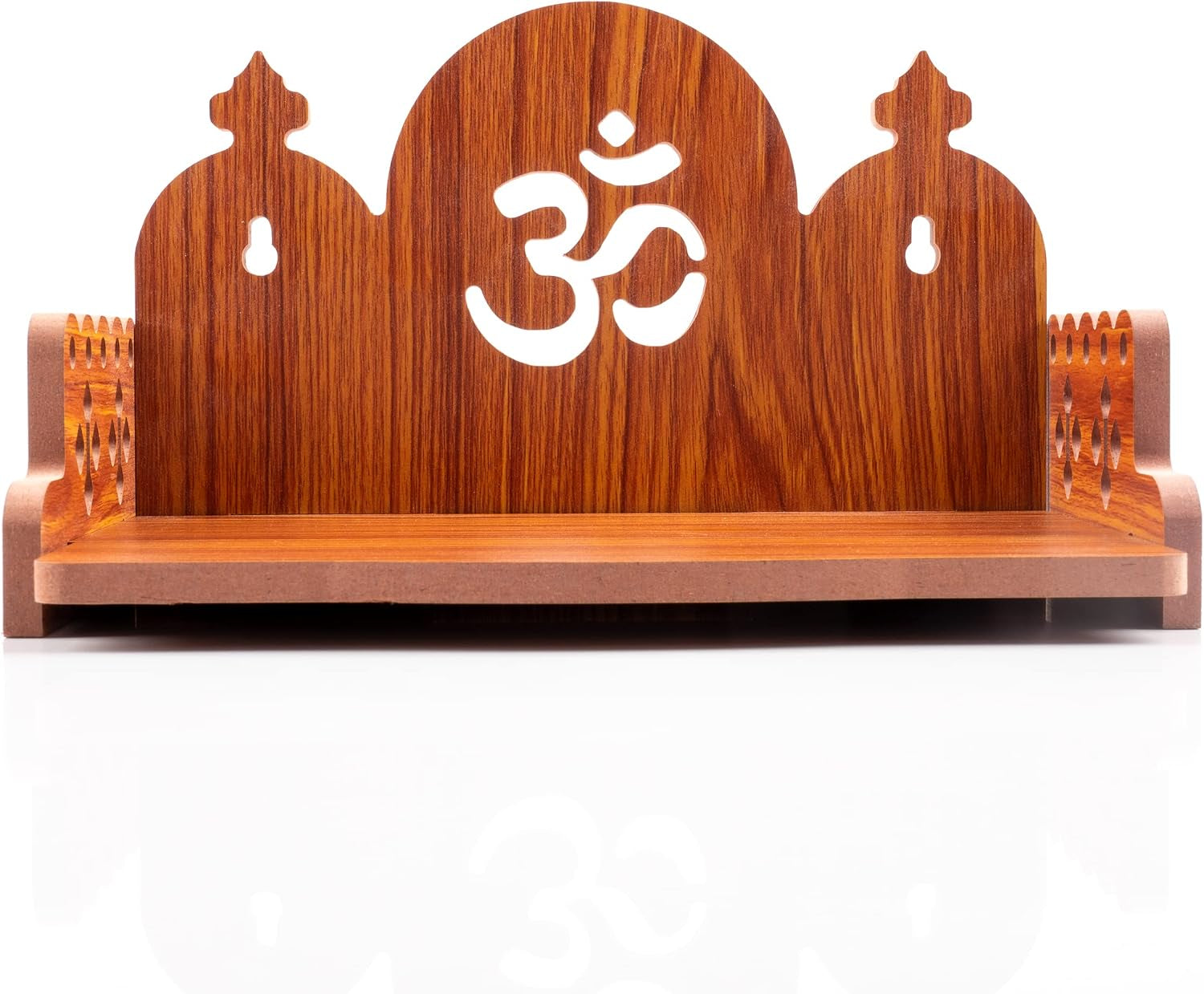 Wooden Wall Mounted Hanging Table Top Temple Pooja Mandir God Stand Shelf for Storage and Idols Decoration for Home Office and Gifting (Brown- Om Design2)