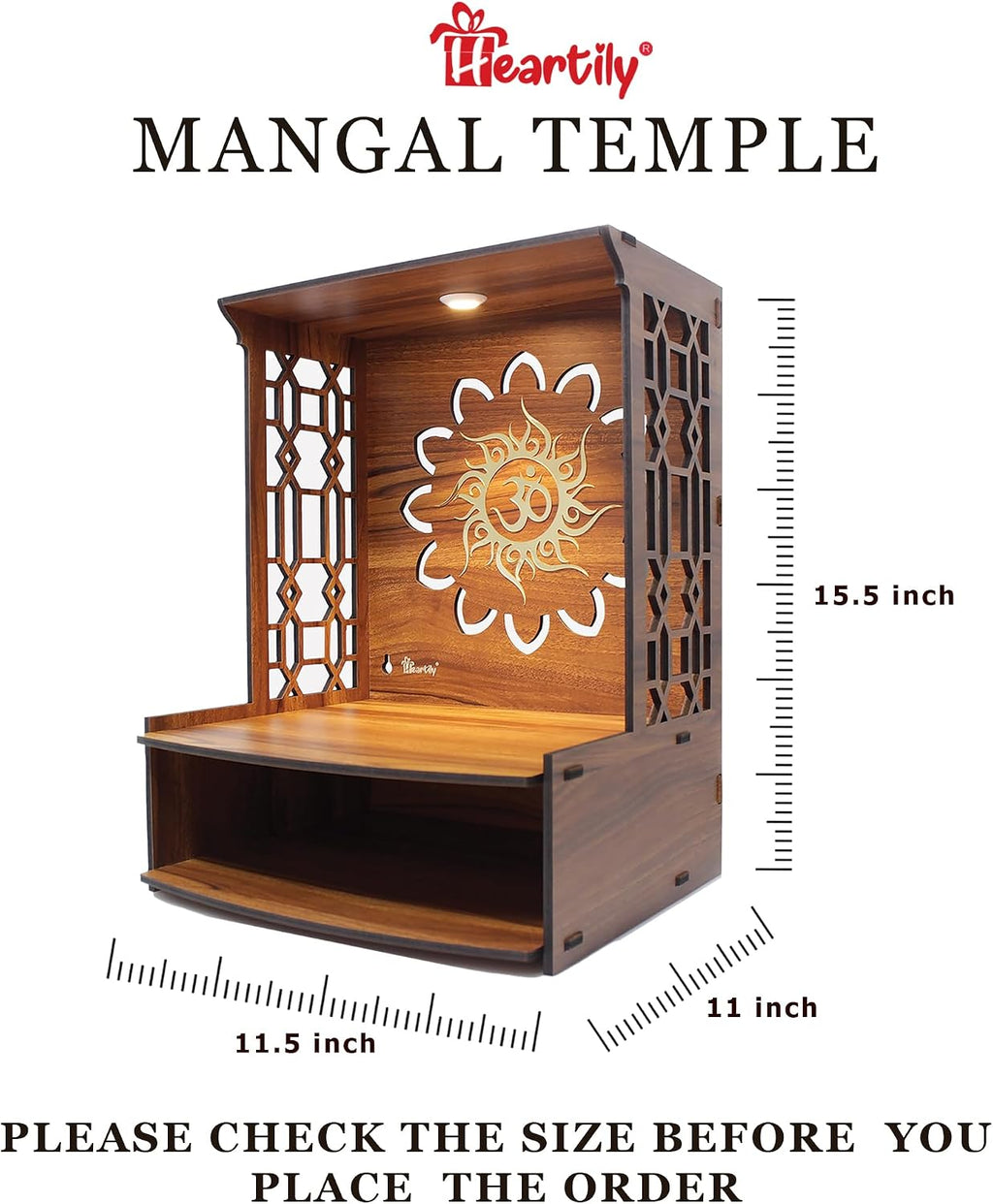 Mangal Beautiful Wooden Pooja Stand for Home Temple and Office Puja Mandir - Wall Mounted with LED Spot Light - Size (H- 15.5, L- 11.5, W-11 Inch)