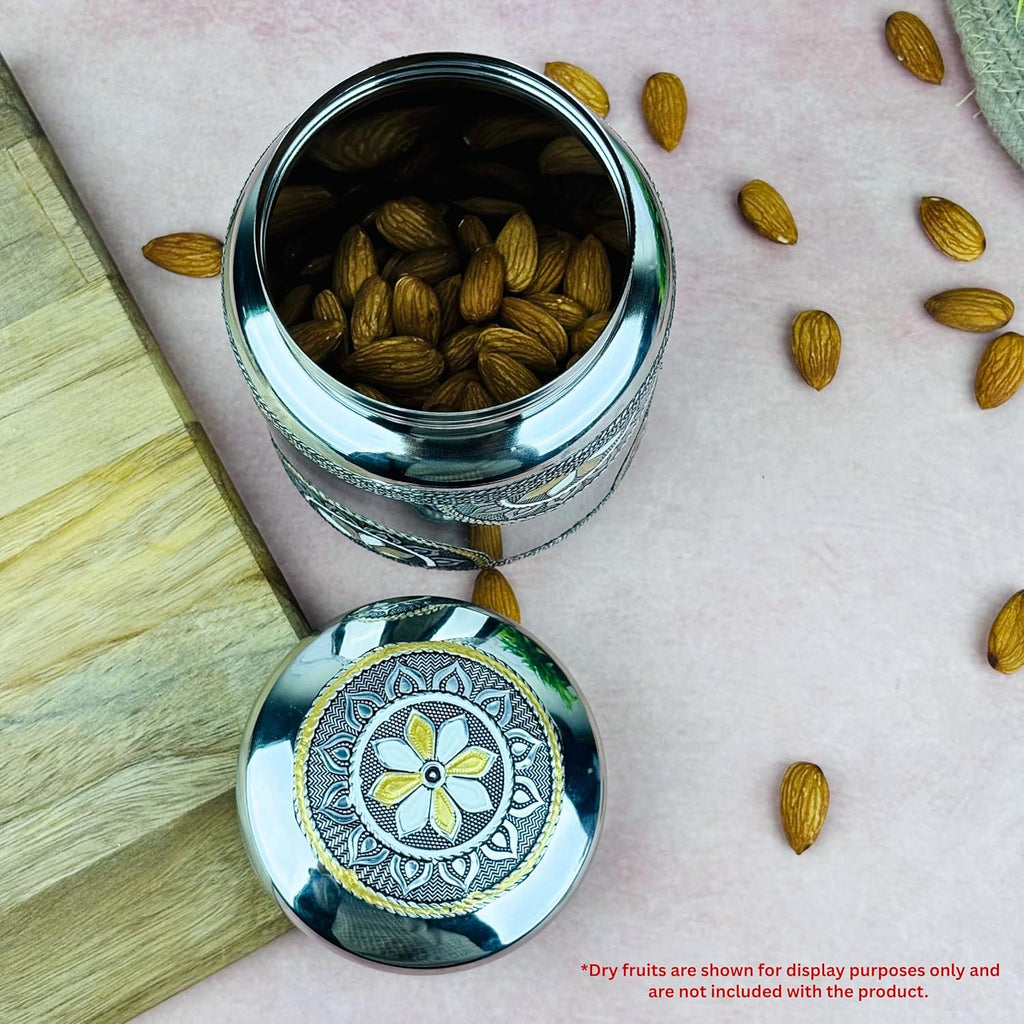 Stainless Steel Storage Jar with Lid | Oxidized Meenakari Design Container | Multipurpose Kitchen Jar for Snacks, Dry Fruits, Mukhwas & Spices | Decorative Traditional Steel Storage (1000 Ml)